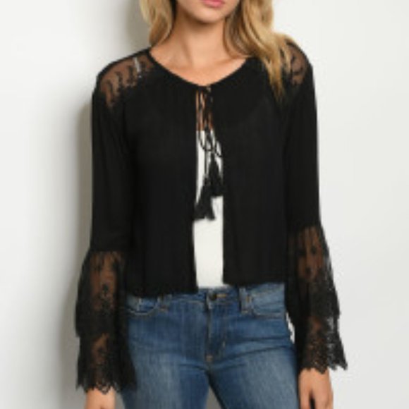 Tops - Black Boho Cardigan With lace accents